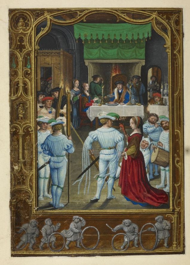 Calendar page for February with a feasting scene, from the Golf Book (Book of Hours, Use of Rome), workshop of Simon Bening, Netherlands (Bruges), c. 1540, Additional MS 24098, f. 19v