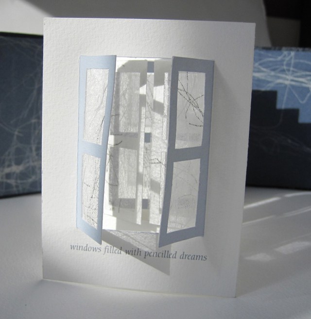 Beyond the Window windows filled with pencilled dreams Princess Caroline was a forward thinking woman with interests in politics, the arts and science. This book represents Caroline’s longing to go out into the world. We imagine her dreaming of a world beyond the window looking out to reach the marvels of the universe. The book was placed in a compartment in the Cabinet of Curiosities. The compartment was lined with mirrors so that the windows appear to be never ending and to help convey how her dreams could never be attained. She contented herself with collecting curiosities that the men brought back from their travels. The windows of this concertina book are handcut. The window panes are covered with Matsuo kozo paper that have been screenprinted from pencil drawings to reflect her dreams. The ‘Maru-chitsu’ wraparound case is screen printed onto bookcloth and can be closed with a Japanese bone clasp. Book commission for the Enchanted Palace Exhibition at Kensington Palace 2010/11.