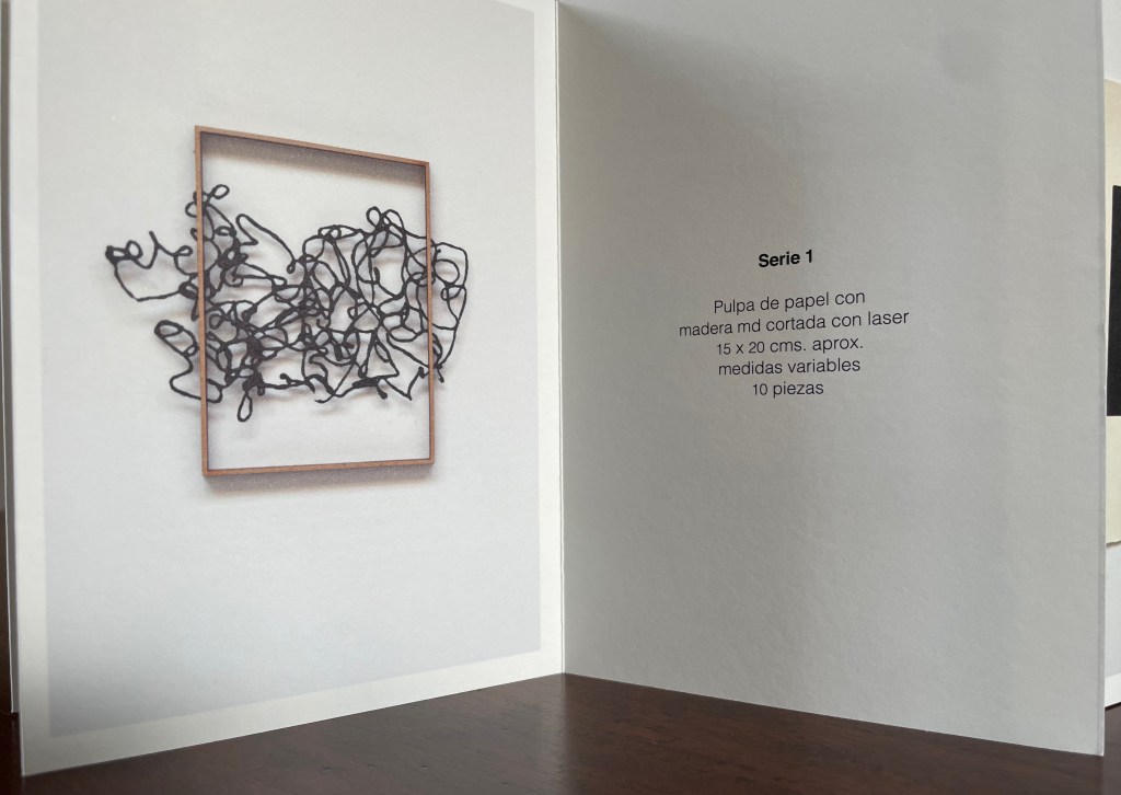 Artistic representation of abstract black lines within a wooden frame on a white background, with a description of series 1 including details about the materials and dimensions.