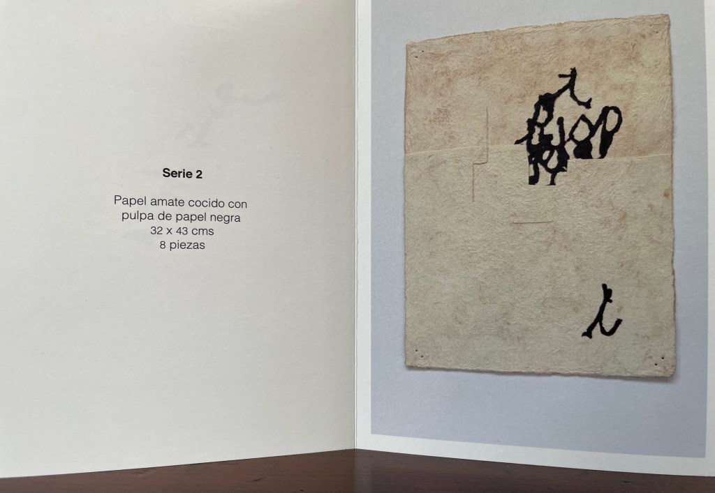 A page featuring a work of art made from handmade amate paper with black pulp, displaying abstract black markings. Accompanying text describes the piece as part of 'Serie 2', measuring 32 x 43 cm and consisting of 8 pieces.