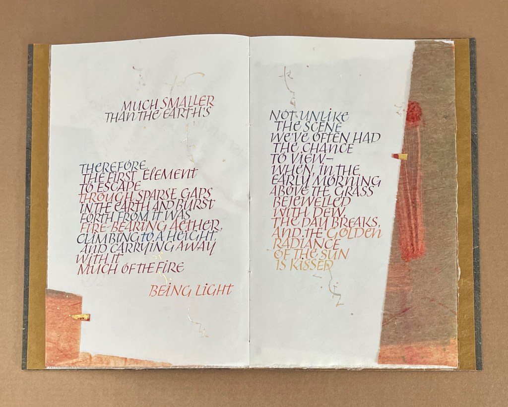 A two-page spread from Suzanne Moore's _Amorous Embrace_ (2023) featuring calligraphy from Lucretius' _De rerum natura_ on cream paper, with colorful abstract elements and gold leaf accents.