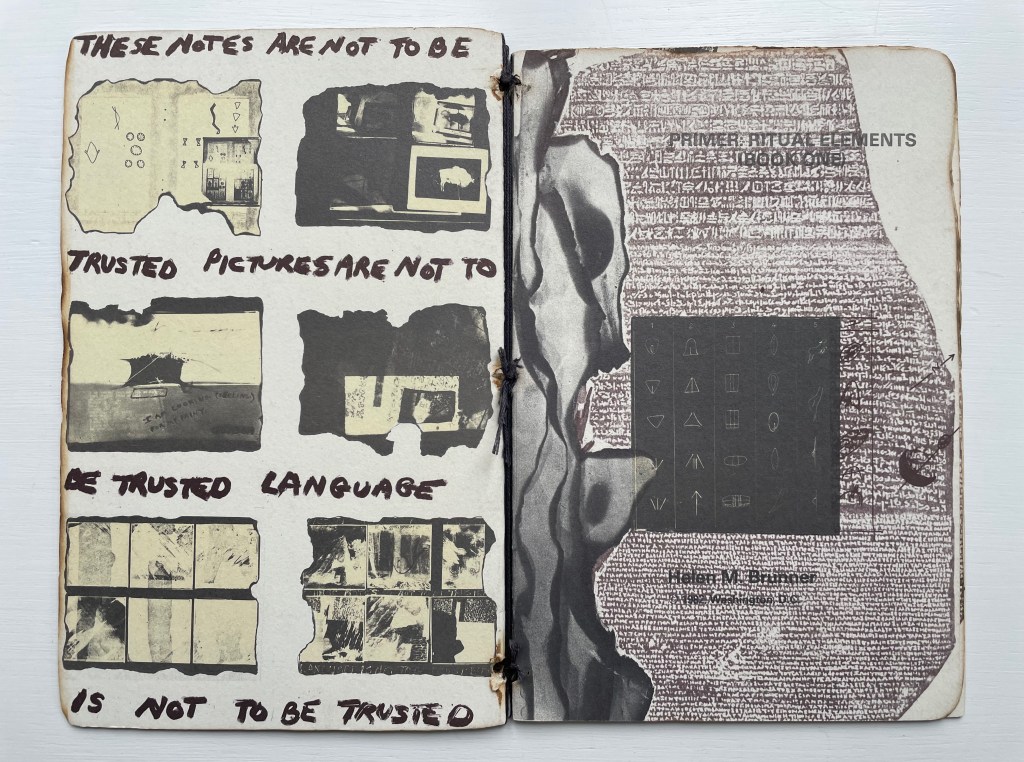 An open book with a collage of black and white images and text. The left page features various textures and patterns with handwritten notes that read 'These notes are not to be trusted' and 'Pictures are not to be trusted.' The right page displays a mix of abstract shapes and what appears to be ancient script, along with the name 'Helen M. Brunner' at the bottom.