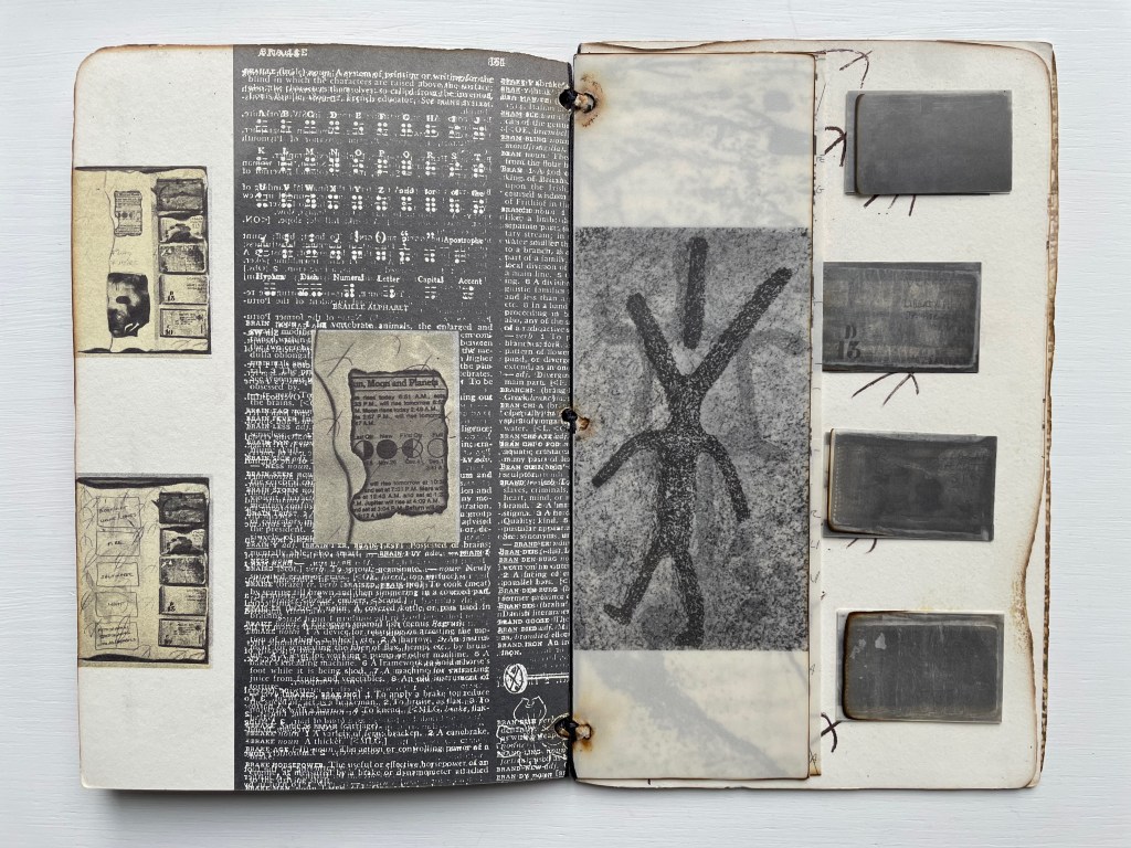 An open book page featuring black and white text, illustrations, and a central figure resembling a cave painting of a person, accompanied by four smaller blank rectangular images on the right side.