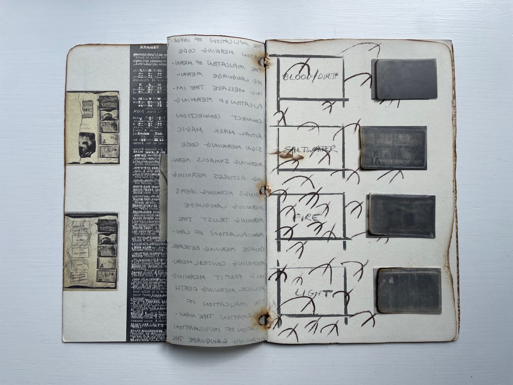 An open notebook with handwritten notes and sketches, featuring sections titled 'Blood/Dirt', 'Saltwater', 'Fire', and 'Light', alongside black and white images and diagrams.