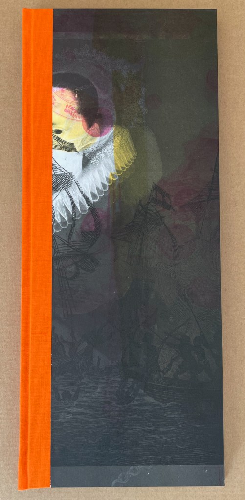 A book with a dark cover featuring an illustration of a figure with a colorful face and a white collar, alongside faint images of ships and people in a dramatic scene. The spine is bright orange.