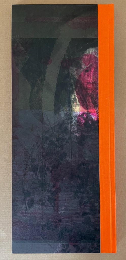A closed book with a textured dark cover featuring abstract designs and an orange spine.