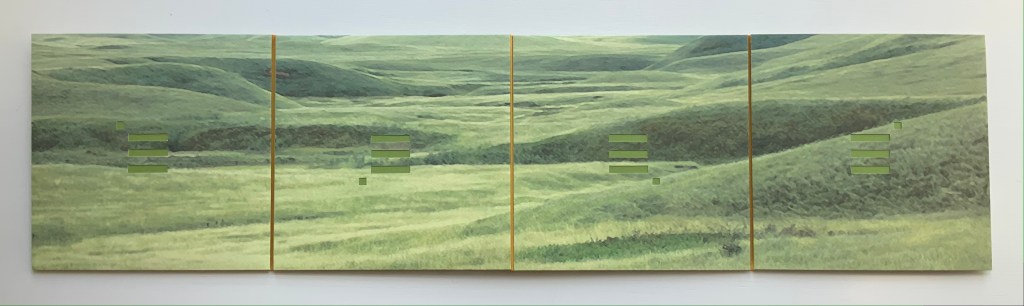 A large artwork featuring four connected panels depicting green hills and fields under a cloudy sky. The image includes text blocks in varying shades of green superimposed across the landscape.