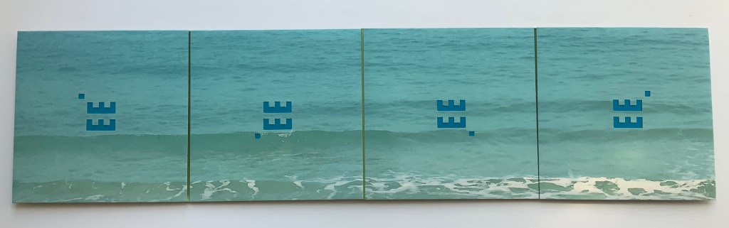 A diptych featuring four panels with a serene seascape background and stylized blue letters spelling 'EE' in various arrangements, creating a calming visual effect.