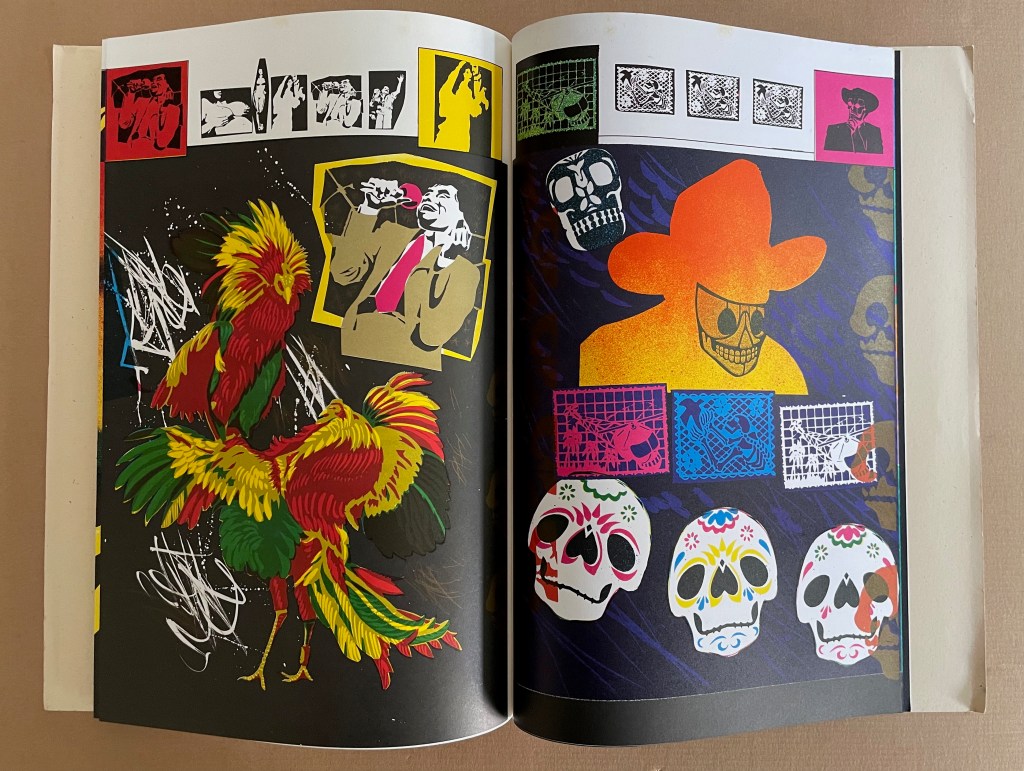 An open book featuring vibrant illustrations, including colorful roosters, stylized skeletons, and various artistic elements in bold colors and graphics.