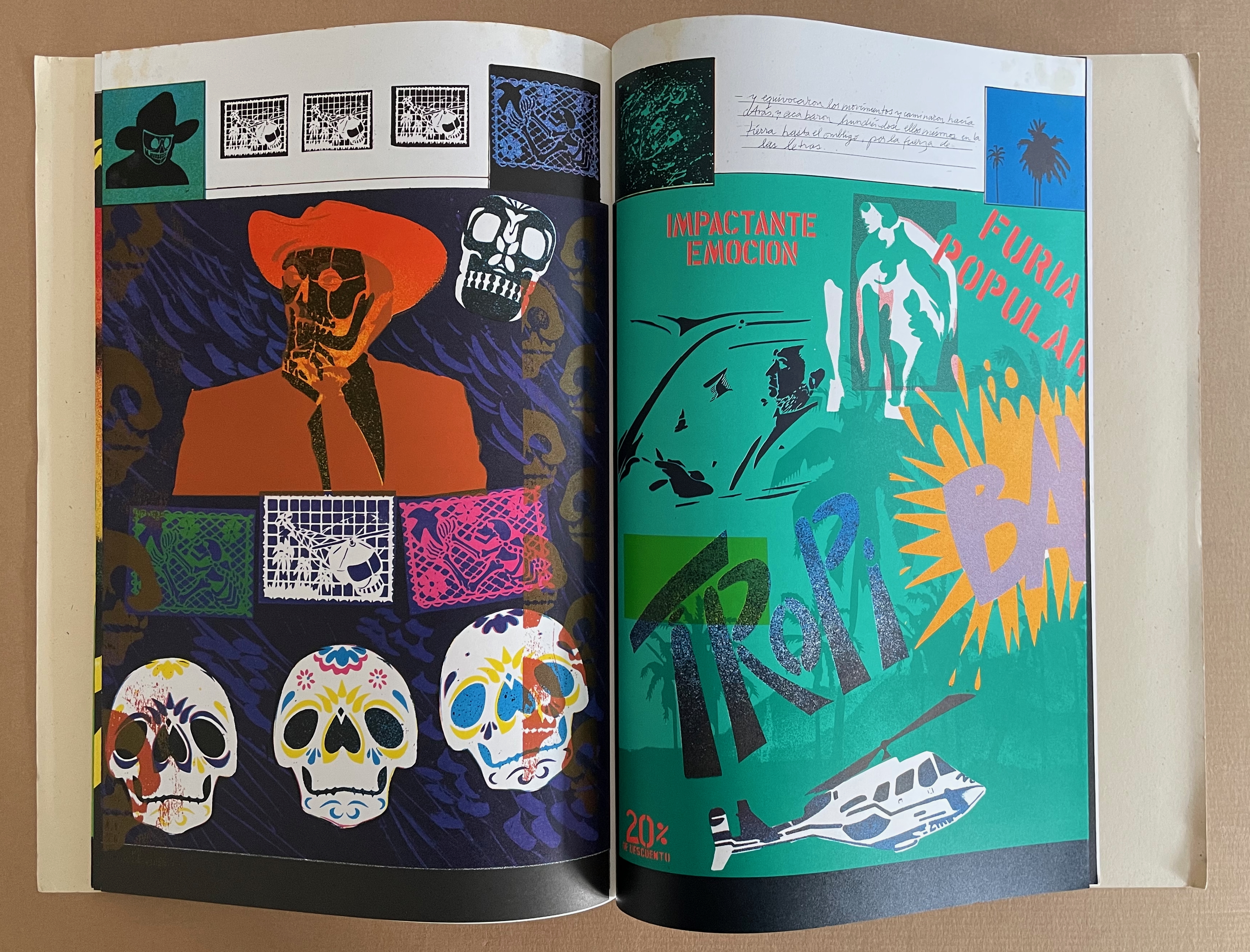 A vibrant two-page spread featuring colorful illustrations, including stylized skulls, a figure in a hat, and graphic elements like text and a helicopter. The design incorporates a mix of patterns and colors, emphasizing themes of emotion and popular culture.