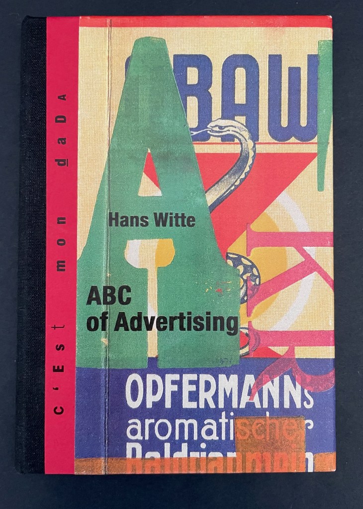 Cover of the book 'ABC of Advertising' by Hans Witte, featuring vibrant collages of colors and typography, highlighting the title and the author's name.