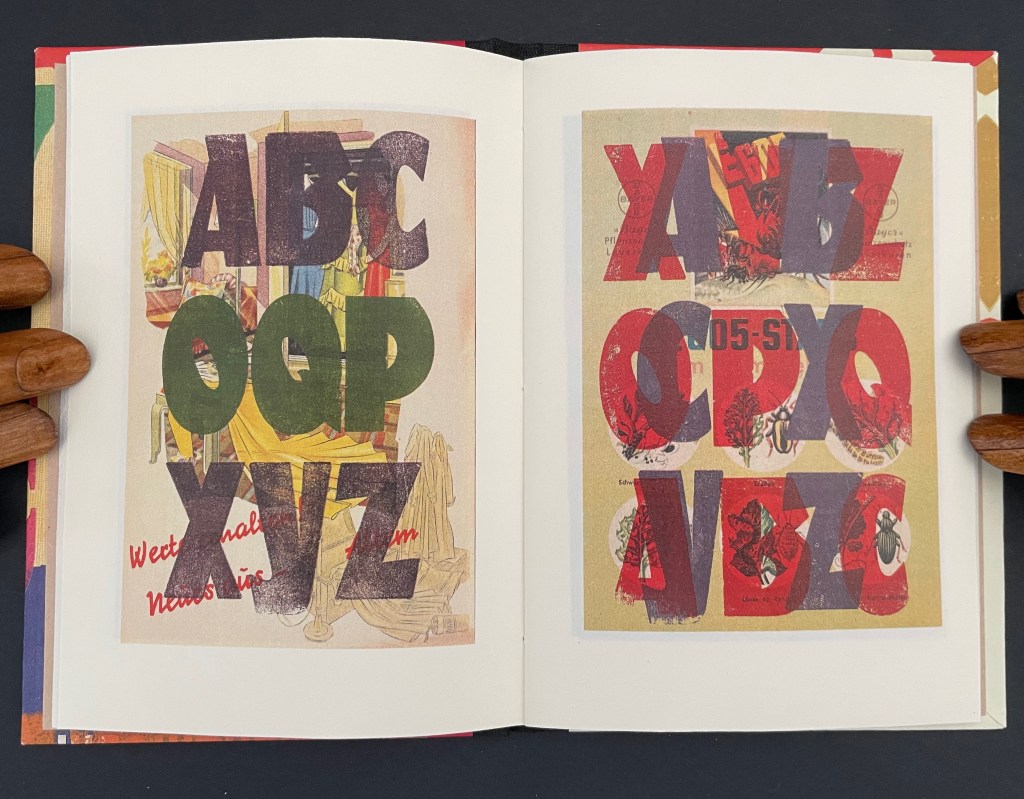 An open book with colorful overlapping letters displaying 'ABC OQP XZ' on one page and 'XYZ OPQ ABZ' on the opposite page, featuring vibrant background illustrations.