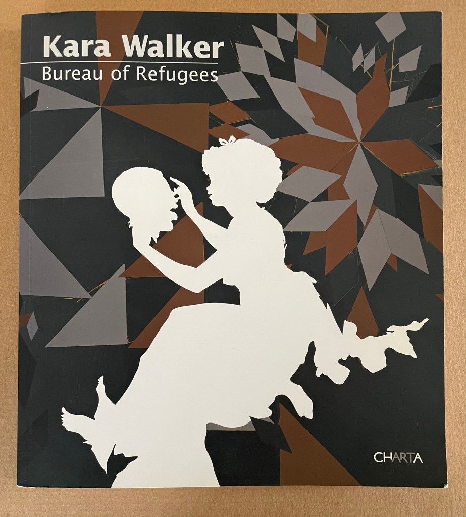 Cover of the book 'Kara Walker: Bureau of Refugees' featuring a silhouette of a woman holding a head, set against a geometric background in shades of brown, black, and gray.