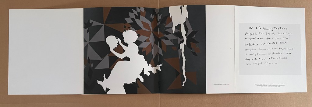 An open book featuring a stylized silhouette of a woman holding a ball, surrounded by geometric patterns in dark tones. The opposite page contains handwritten text discussing themes of motherhood and identity.