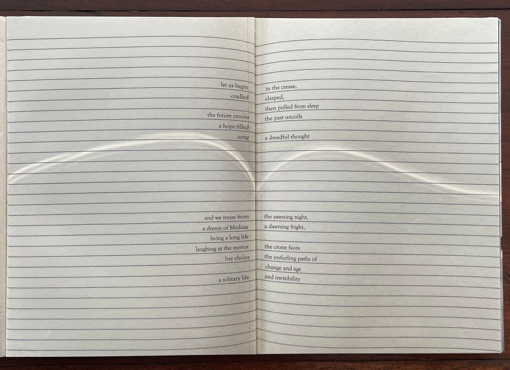 Open pages of an artist's book featuring neatly lined text, with poetry that begins with 'let us begin' and reflects themes of time, change, and invisibility.