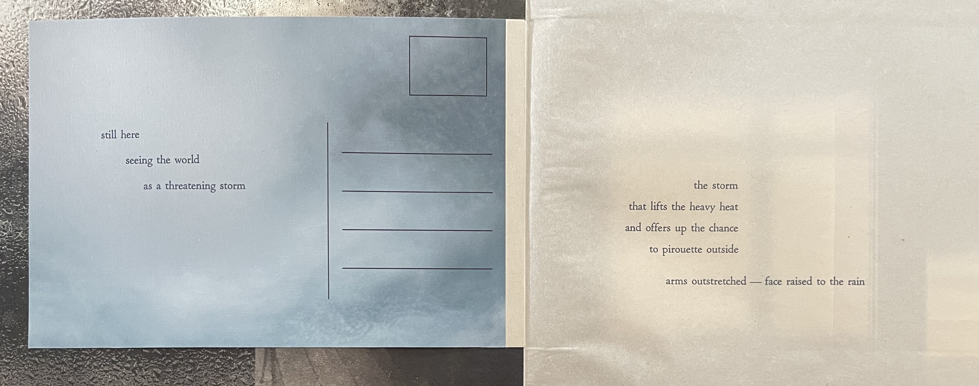 Open artist's book featuring a poetic text on the left page, with a light blue background and a postcard layout. The right page includes a similar light blue background with a printed poem about a storm, articulated in a structured format.