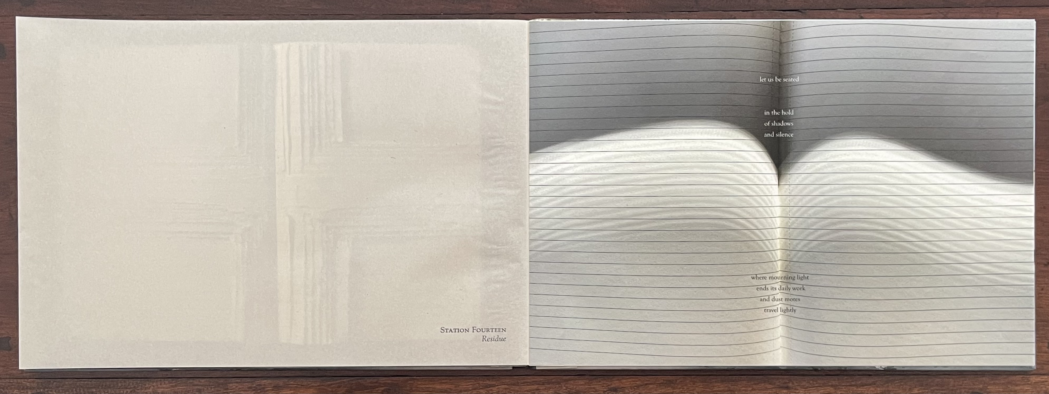 Open artist's book featuring soft, muted images on the left page and lines of text on the right, conveying themes of shadows and silence.