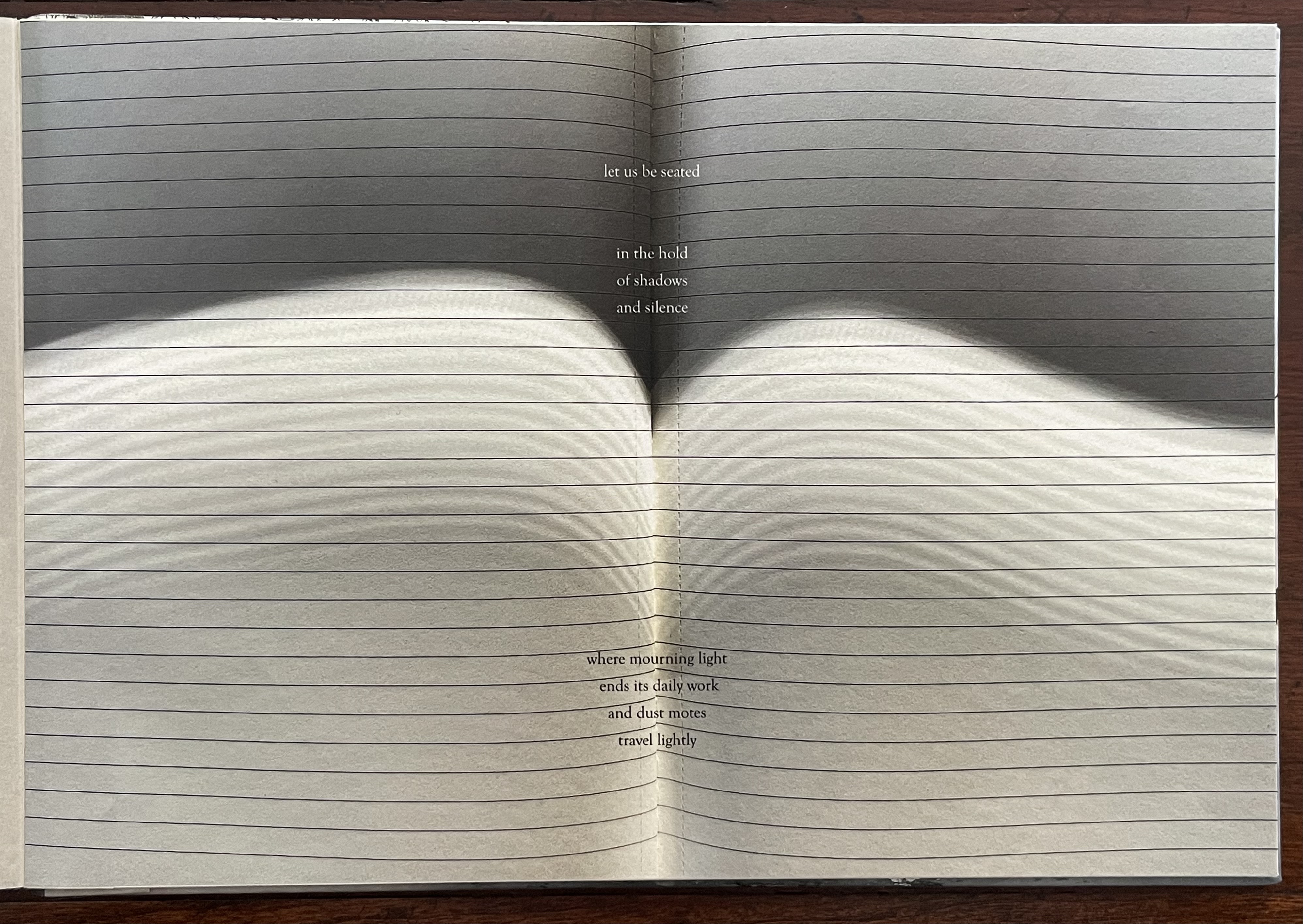 Open pages of an artist's book featuring a poetic text with softly undulating lines and shadows, creating a sense of depth and tranquility.