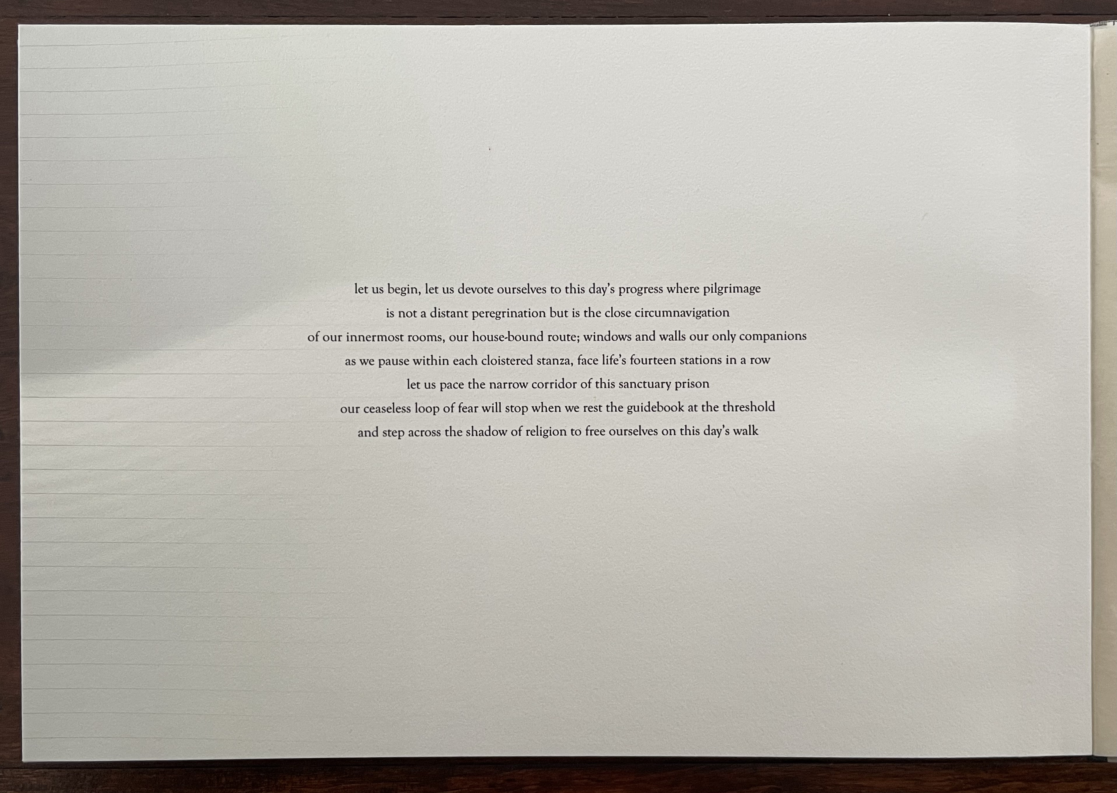 An artist's book page features a poetic text inviting readers to a pilgrimage, emphasizing introspection and the relationship between the inner self and the outer world.