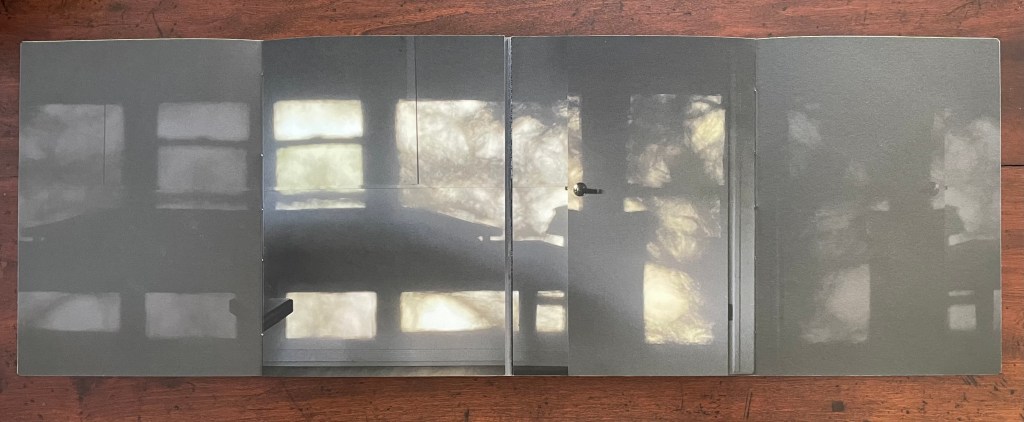 A view of an open artist's book featuring a series of shadowy reflections on the inner pages, showcasing a play of light and forms that evoke a sense of depth and mystery.
