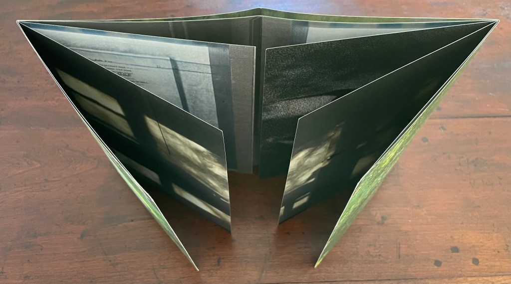 An open artist's book featuring multiple accordion-folded pages displaying photographs and text with soft light casting shadows.