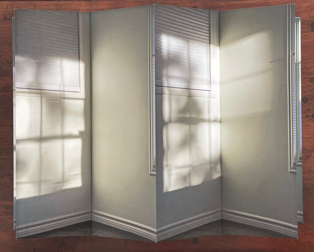 A three-panel gatefold structure featuring soft shadows and light reflections cast on light-colored walls from a nearby window, emphasizing a serene and introspective atmosphere.