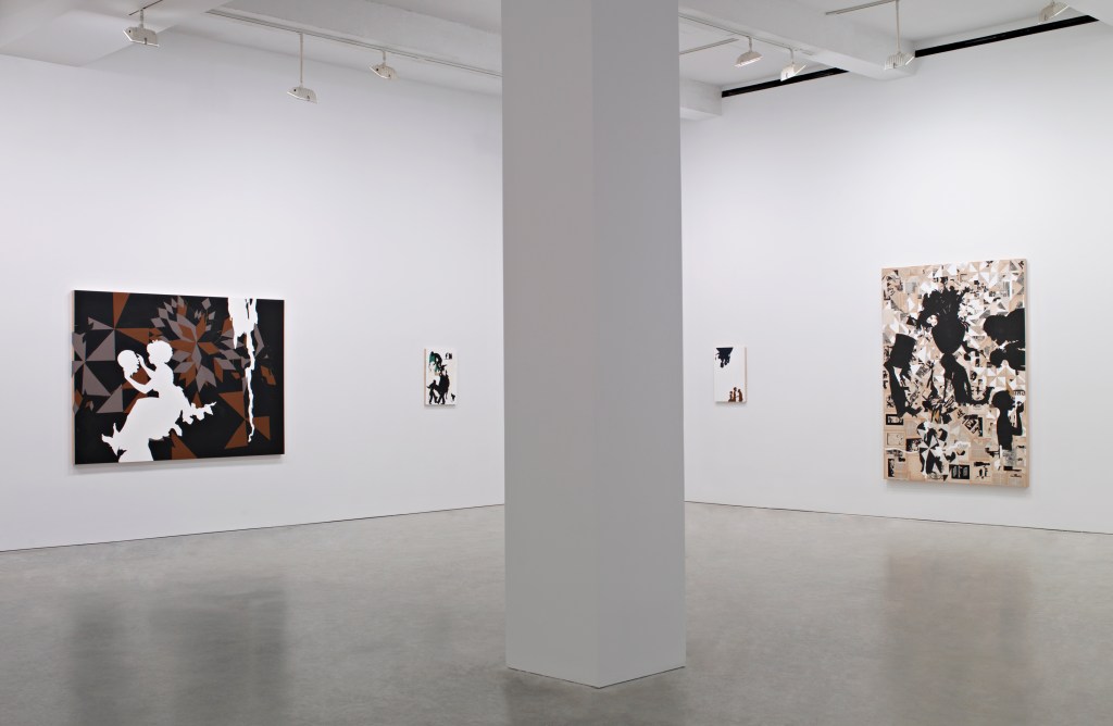 A contemporary art gallery featuring abstract paintings on white walls. The artworks include geometric designs with dark tones and shapes, showcasing a variety of artistic styles.
