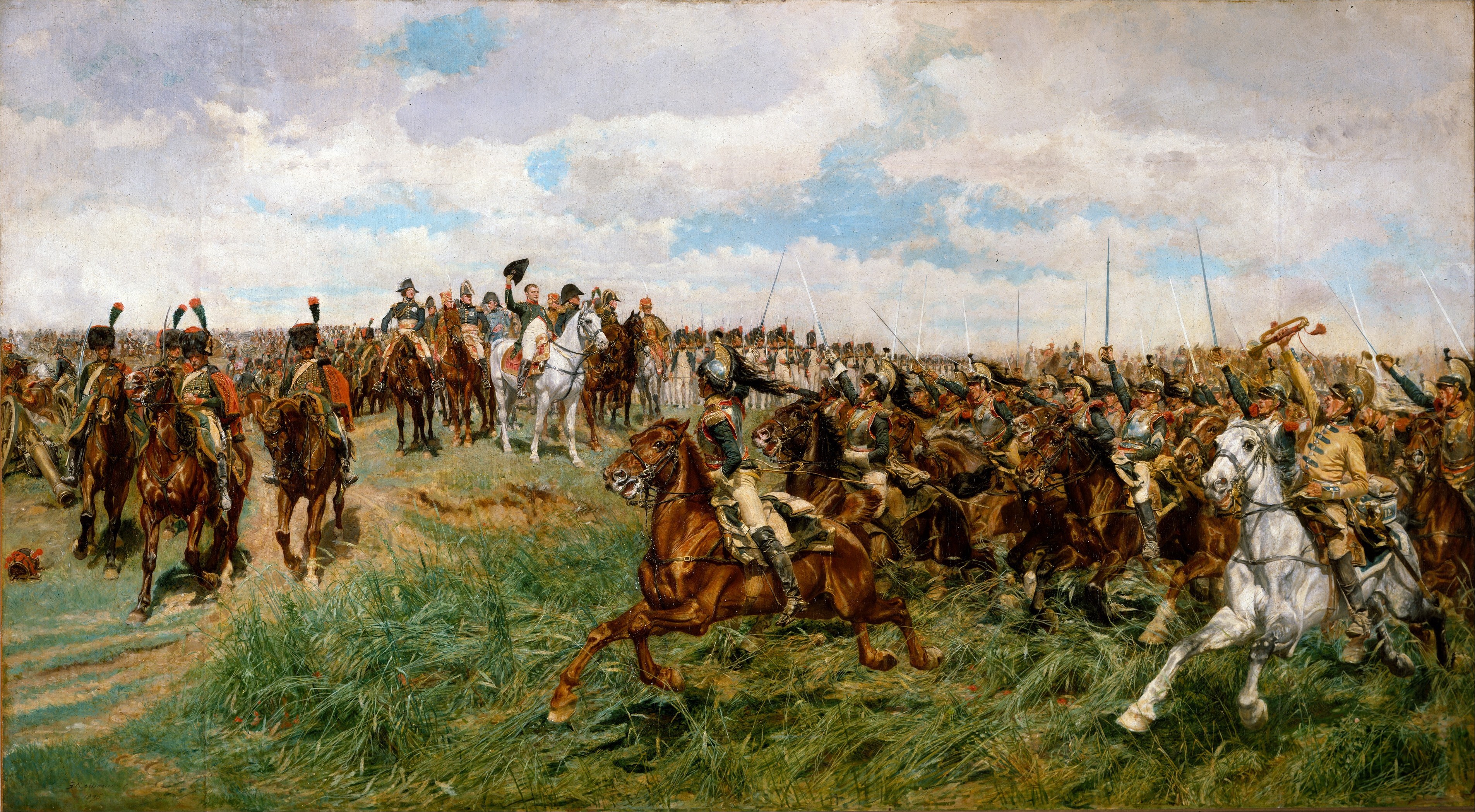 A historical painting depicting a battle scene with cavalry and soldiers, showcasing dynamic movement and action on the battlefield.