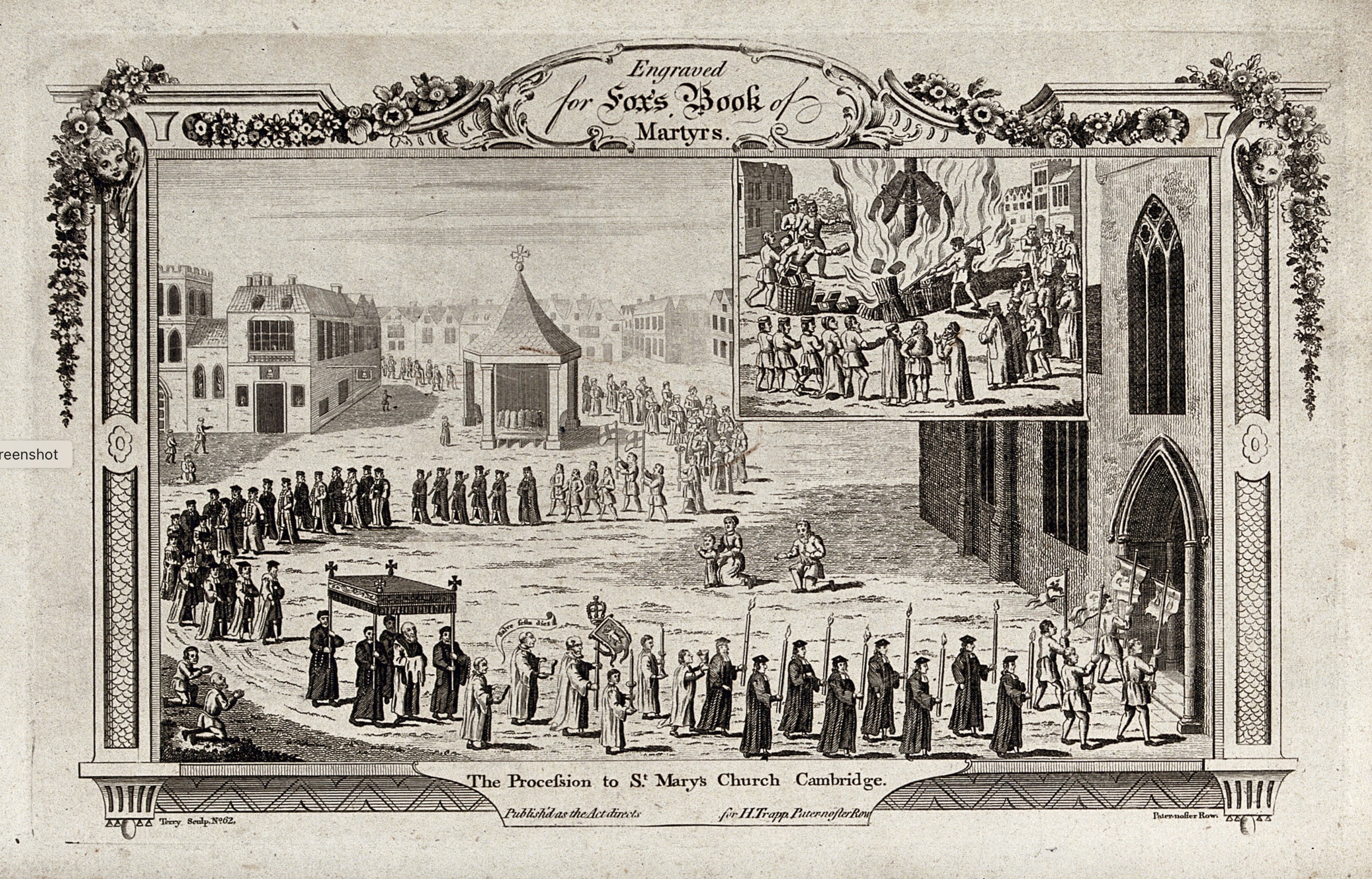 An engraved illustration from Fox's Book of Martyrs depicting a procession to St. Mary's Church in Cambridge, featuring figures in historical attire and a scene of burning books.