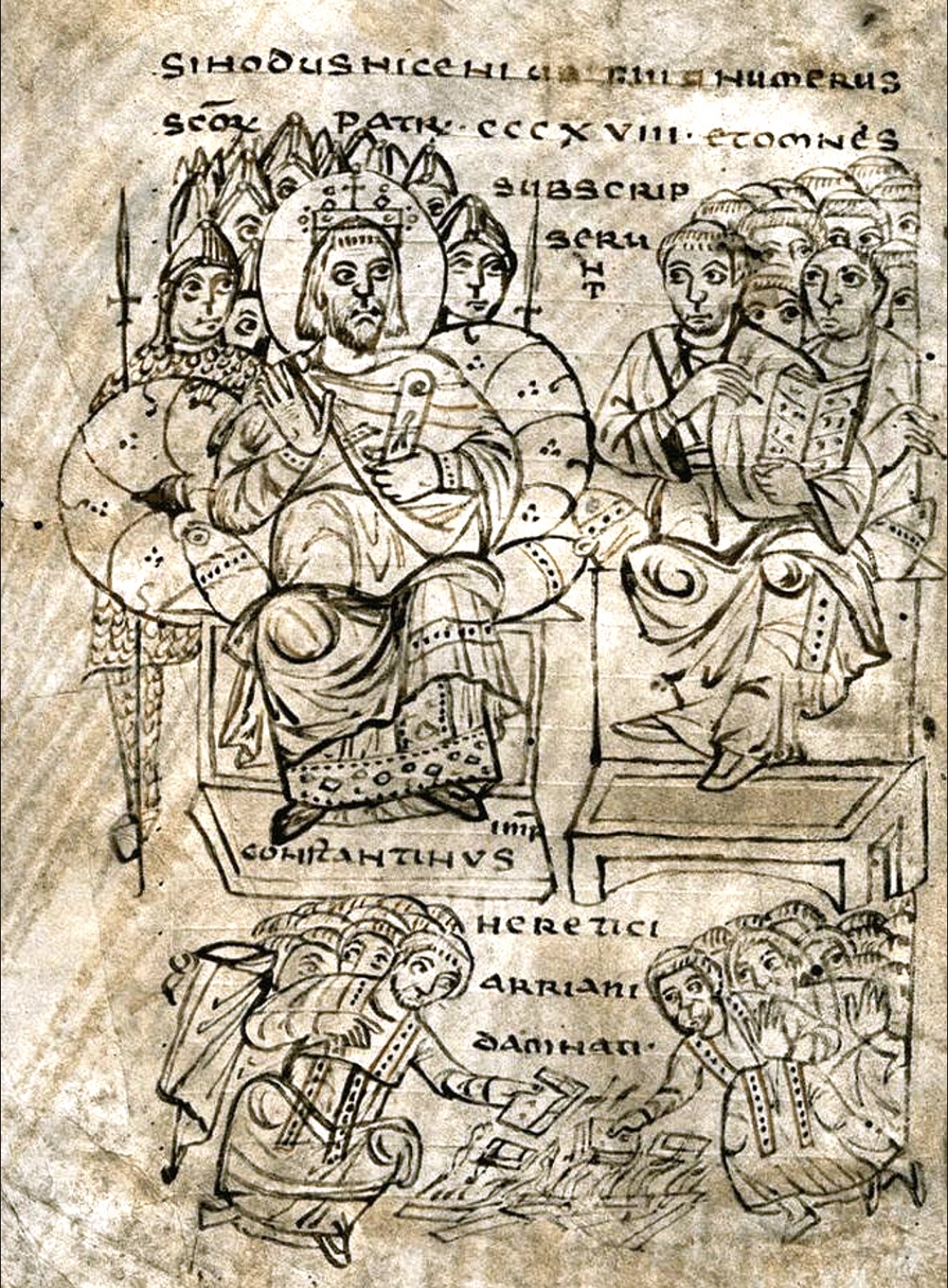 An ancient manuscript illustration depicting Emperor Constantine presiding over a council, with several figures surrounding him, and others identified as heretics being punished.