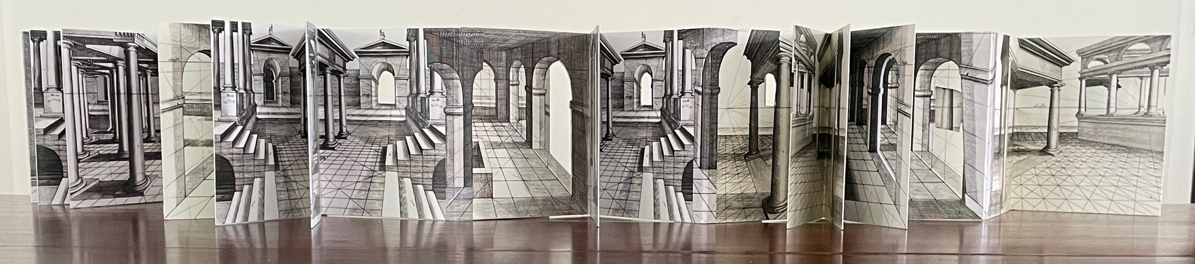 A three-dimensional book displaying intricate architectural illustrations featuring columns, arches, and tiled floors, arranged to create a visually engaging perspective.