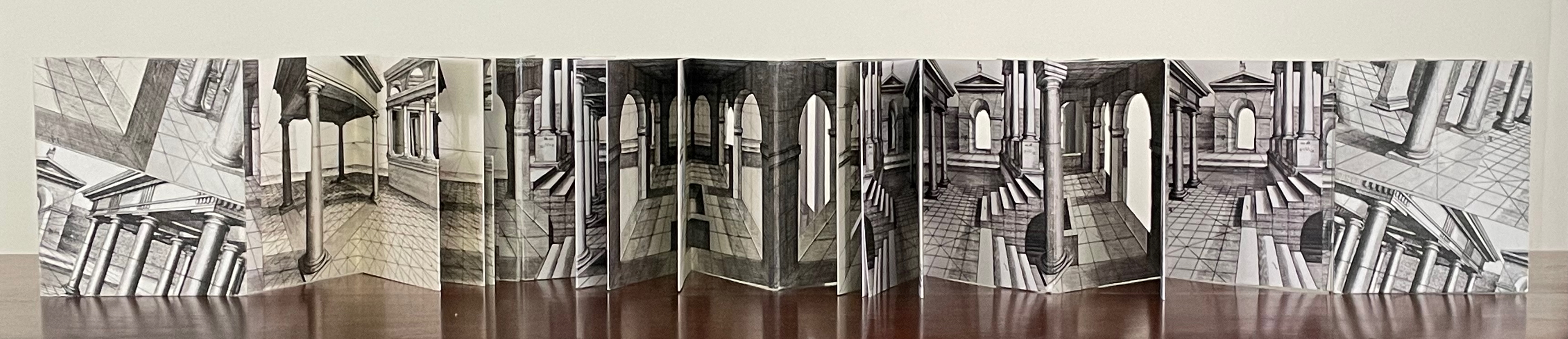 A detailed artistic representation of a three-dimensional architectural scene depicted in a folded format, showcasing columns, arches, and textured floors in monochrome.