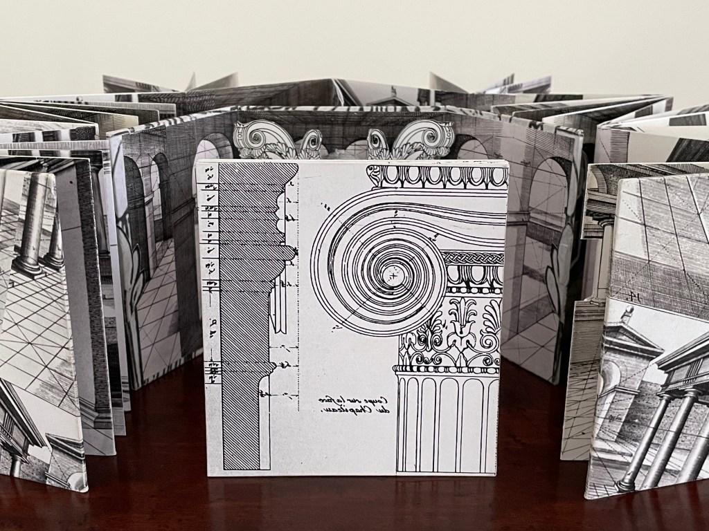 Artistic interpretation of architectural elements featuring detailed sketches of columns and decorative motifs, arranged in a dimensional format.