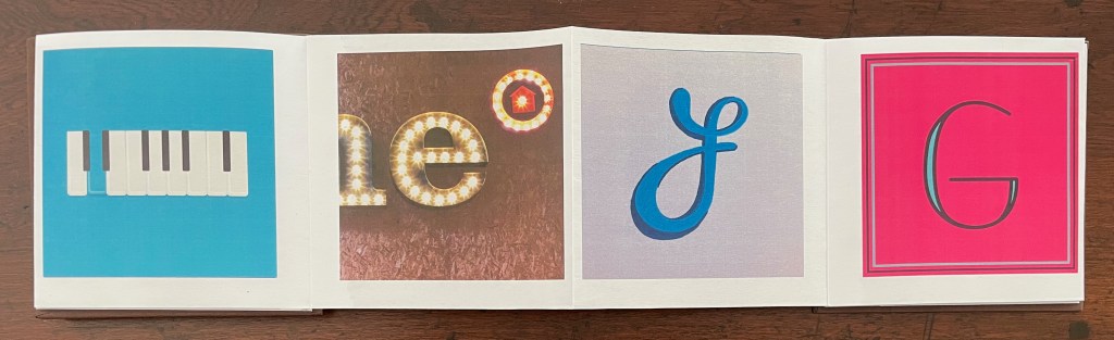 Four colorful images in a row: the first features piano keys on a blue background, the second shows illuminated text reading 'one' on a textured background, the third displays a stylized letter 'J' in blue on a light background, and the fourth presents the letter 'G' in pink.