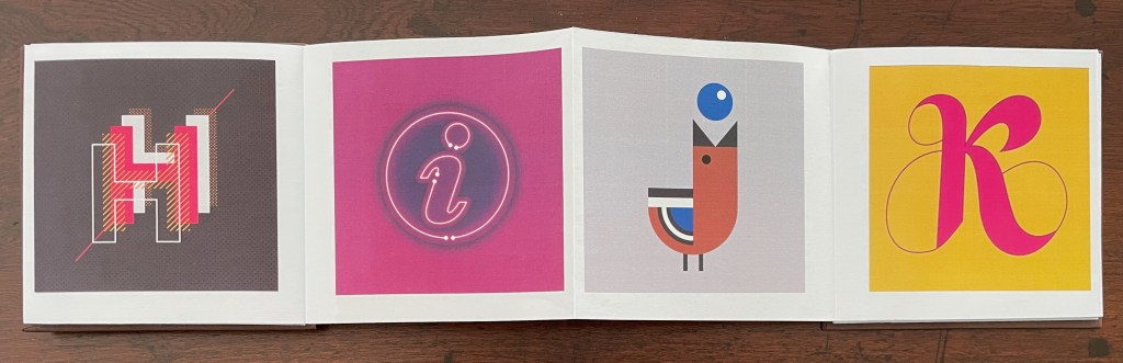 A collection of four colorful graphic designs featuring the letters H, I, J, and K, each with unique artistic styles and backgrounds.