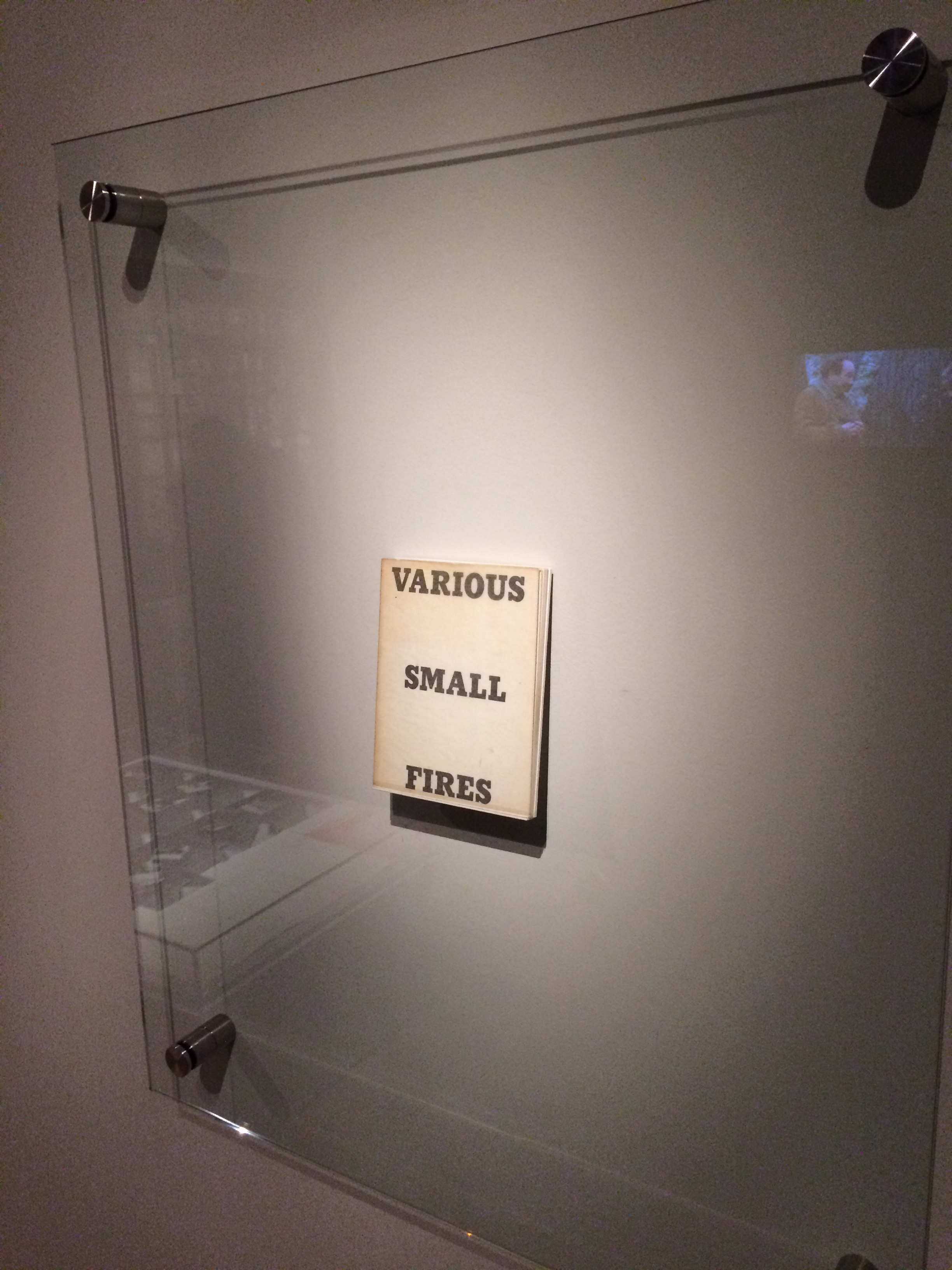 Art installation featuring Ed Ruscha's book 'Various Small Fires' displayed under glass in a gallery setting.