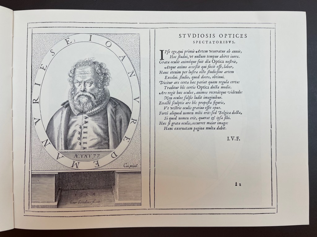 An engraved portrait of a bearded man with curly hair, framed within an oval. The surrounding text includes Latin phrases discussing optics and vision. The image is part of a larger page featuring illustrations and artistic descriptions.