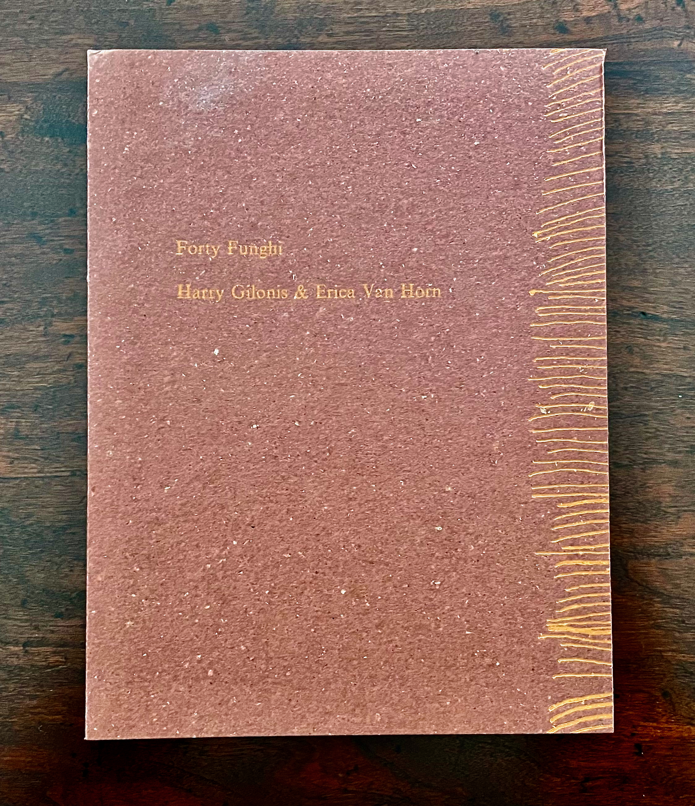 Cover of the book 'Forty Funghi' by Harry Gilonis and Erica Van Horn, featuring a brown textured background with the title and authors' names embossed in gold lettering.