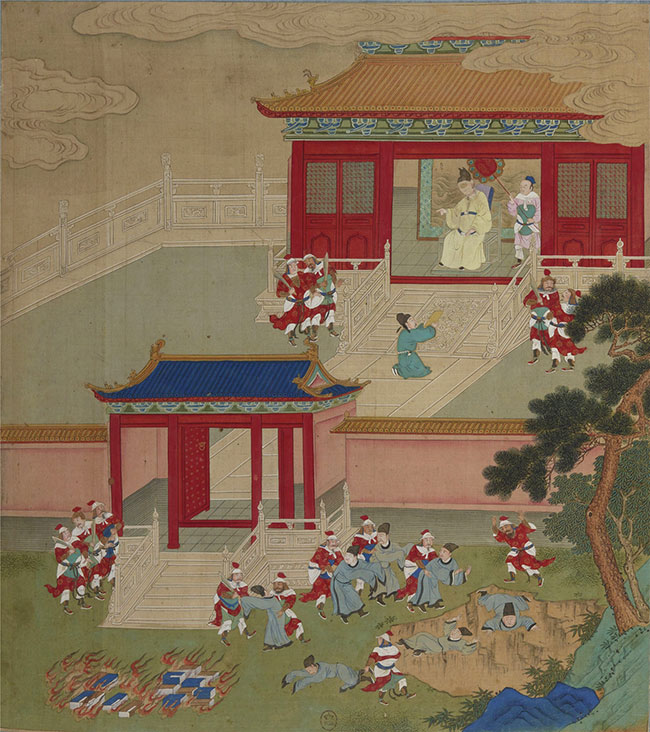 A historical scene depicting a chaotic encounter outside a traditional Chinese building, with figures in period clothing engaged in various actions, including conflict and movement, against a backdrop of scenic architecture and natural elements.