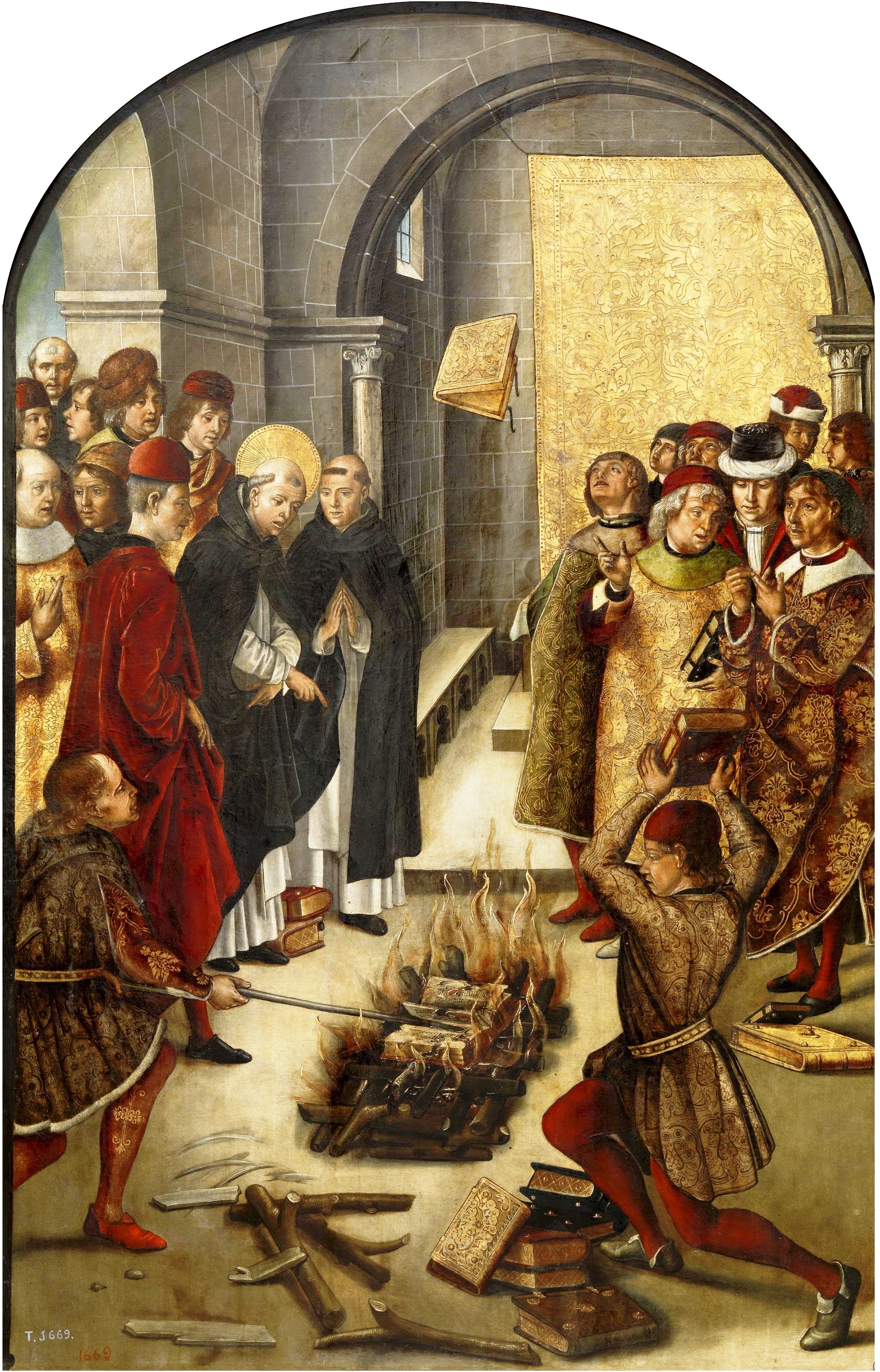 A historical painting depicting a book burning scene, featuring figures in period clothing observing the flames as some hold books and tools. The composition emphasizes the contrast between the burning books and the solemn expressions of the onlookers.