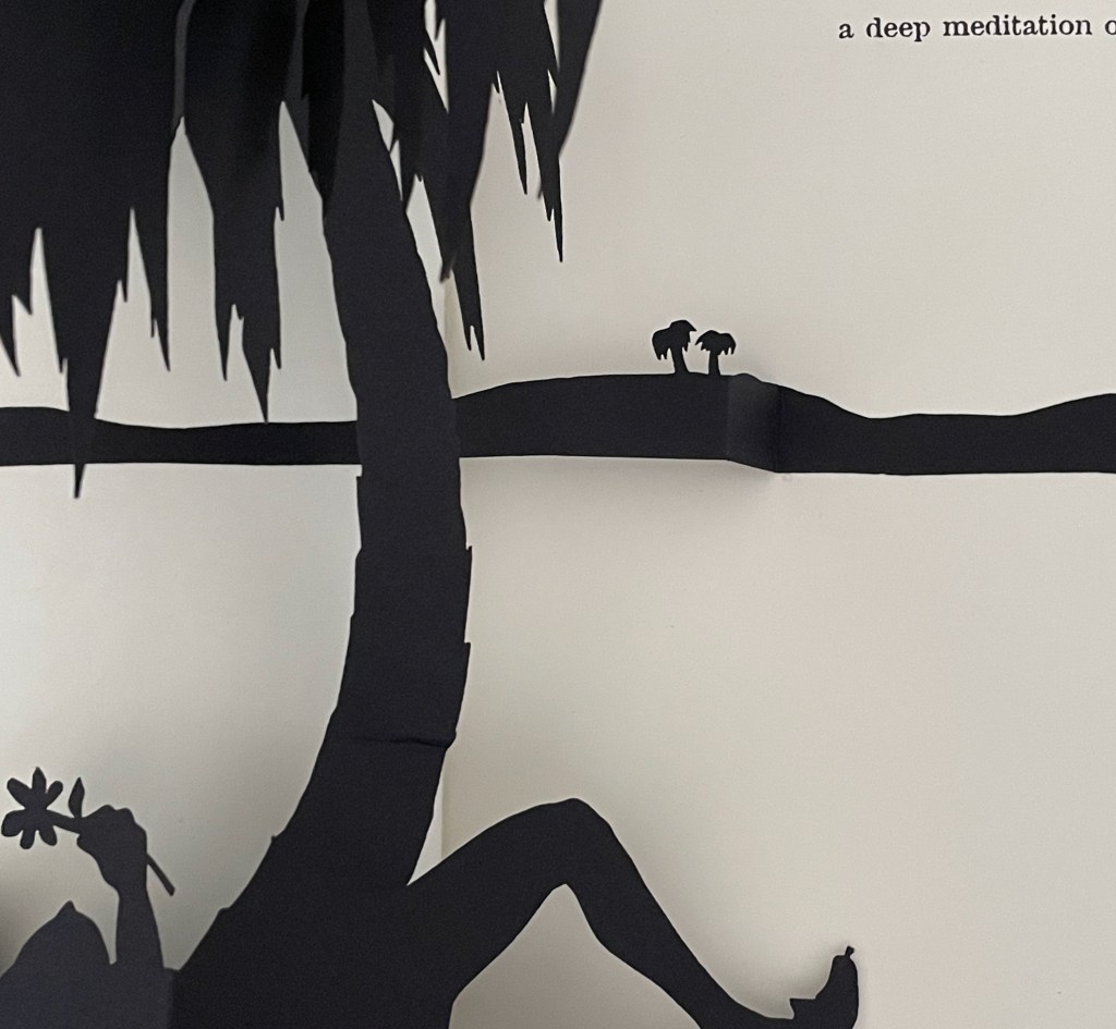 A silhouette of a person relaxing under a palm tree while holding a flower, with distant palm trees in the background.