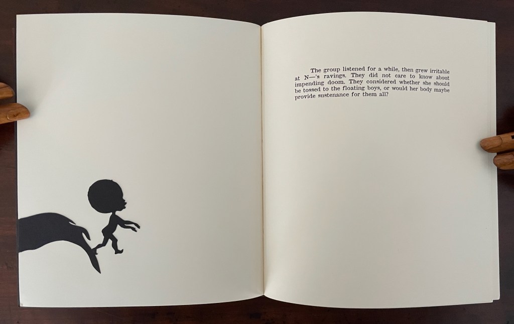 A book page displaying a shadowy silhouette of a child walking hand in hand with an adult figure, along with a narrative text discussing the group's contemplation of a troubling scenario.