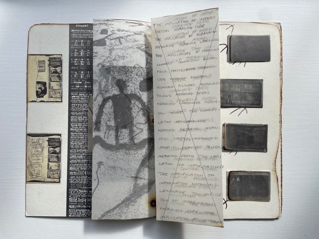 An open book displaying various pages with handwritten notes and sketches, including text and images, likely related to language and meaning.