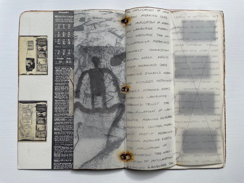 Open art journal page with various sketches, printed text, and handwritten notes exploring themes of language and meaning.