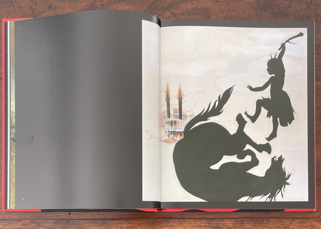 A silhouette of a child with a whip confronting a rearing horse, set against a softly colored background featuring a steamboat and clouds.