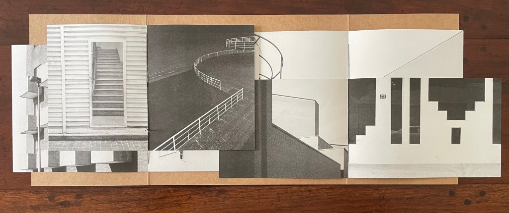 A collage of black and white architectural photographs featuring stairs, railings, and geometric patterns, arranged on a textured brown background.