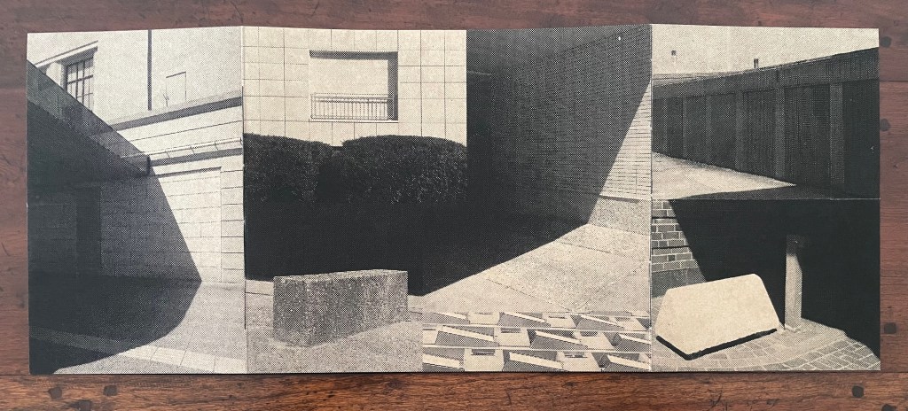 A monochromatic collage of architectural spaces featuring geometric shapes and contrasting shadows, including walls, pathways, and textured surfaces.