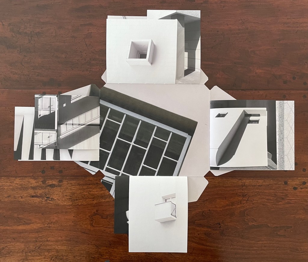 An arrangement of architectural images and sketches displayed on a wooden surface, featuring various perspectives of buildings and structural designs.