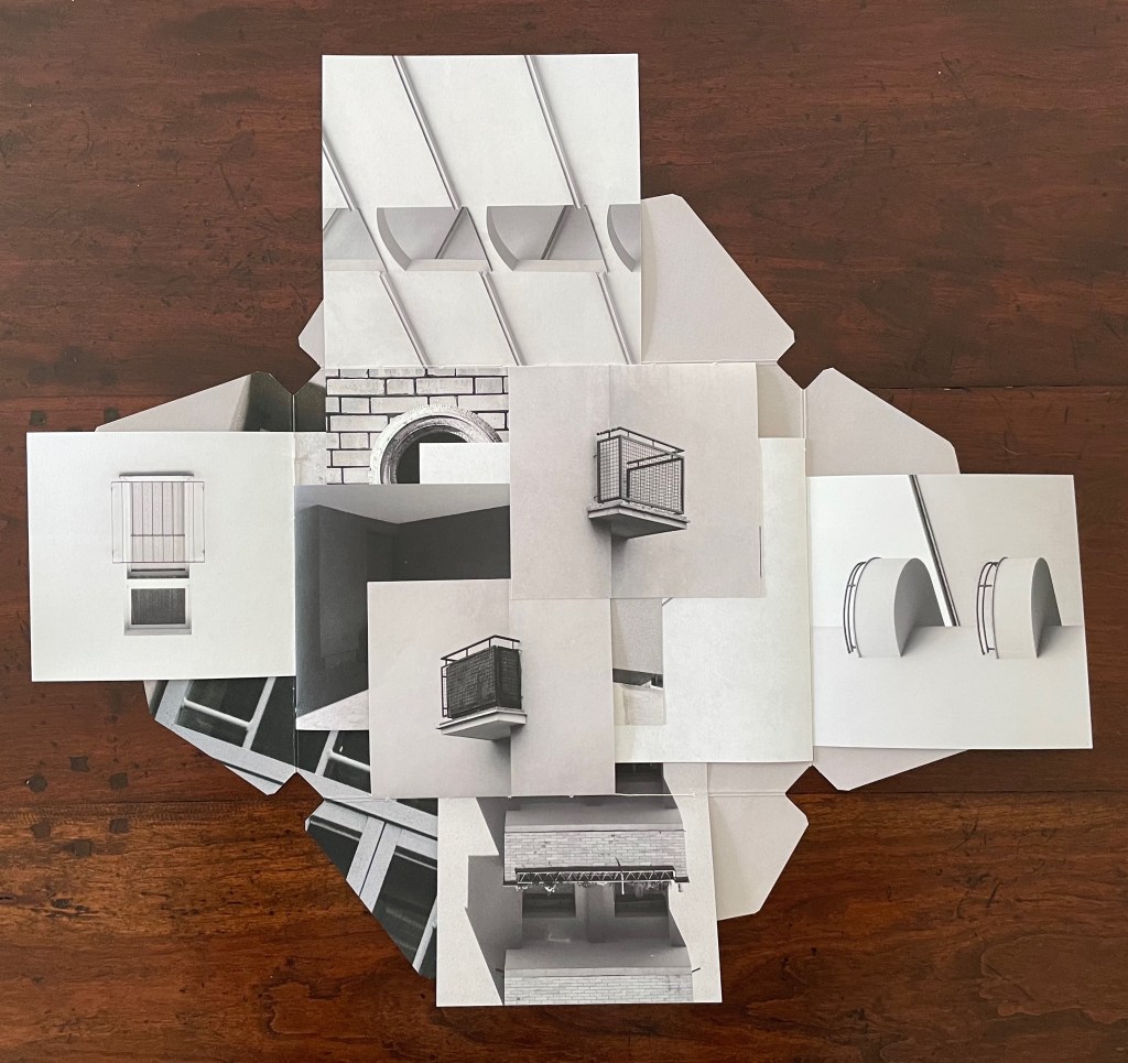 An arrangement of architectural sketches in grayscale featuring various building elements like balconies, windows, and arches, displayed on a wooden surface.