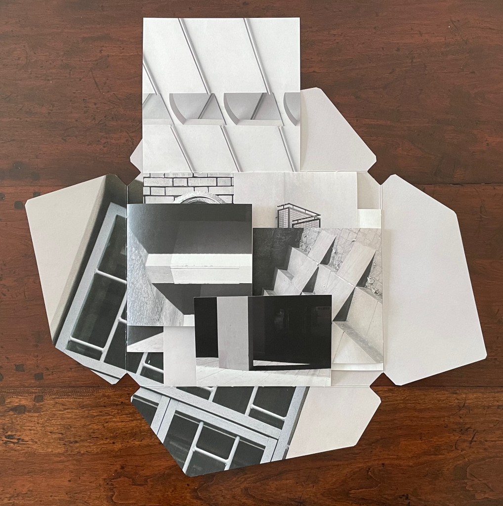 A collection of overlapping black and white photographs showcasing various architectural features, arranged on a wooden surface.